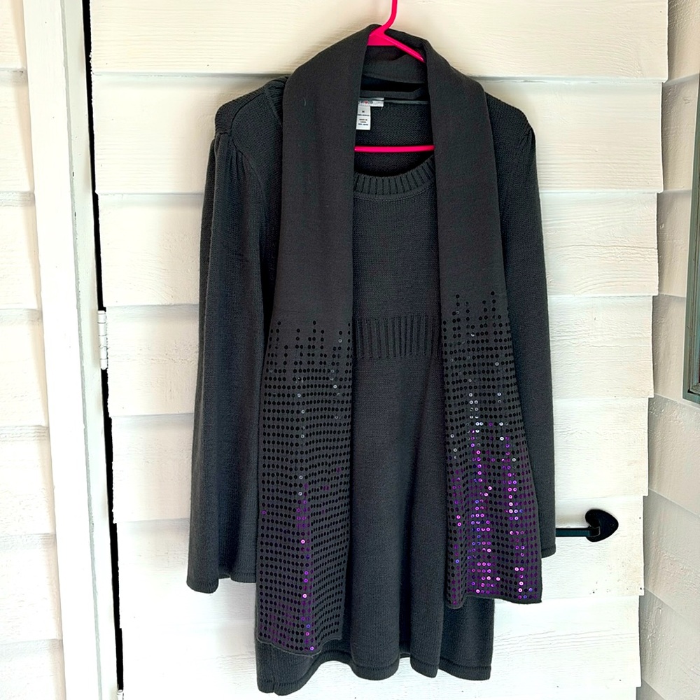 Style & Co Gray Tunic Sweater with attached sequin scarf
